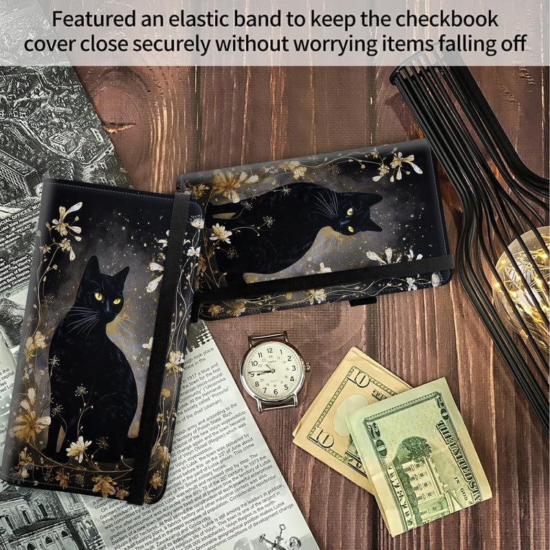FUYOCWE Leather Checkbook Covers for Men Women Check book Holder Cover Wallets for Personal Checkbook Duplicate Checks with RFID Blocking & Elastic Strap,Black Cat with Gold Floral - Image 4
